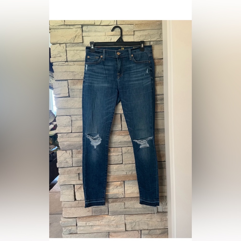7 For All Mankind Dark Blue Skinny Ankle Jeans Knee Distress Women’s Size 25